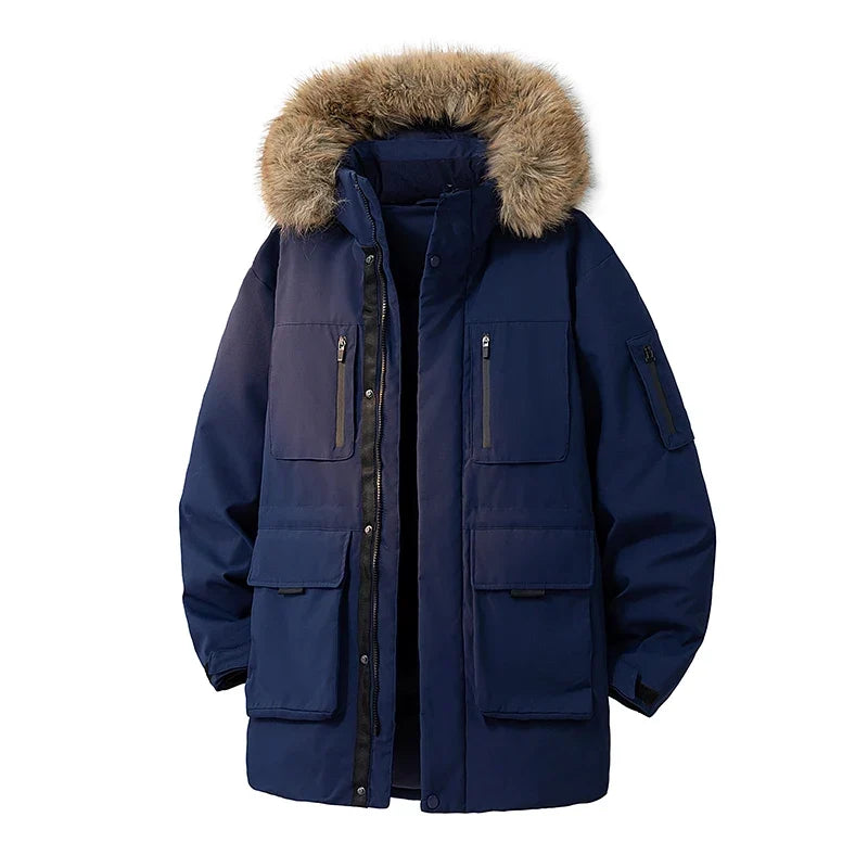 Winterjas met capuchon en nepbont, veel zakken, lange model
