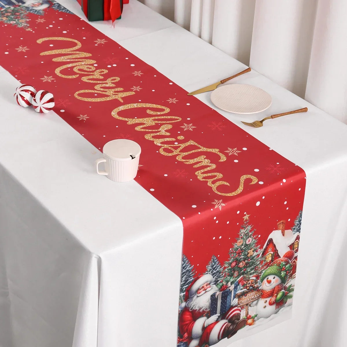 Kerst Tafelloper met Kerstman en Sneeuwpop – Feestelijke Tafelversiering