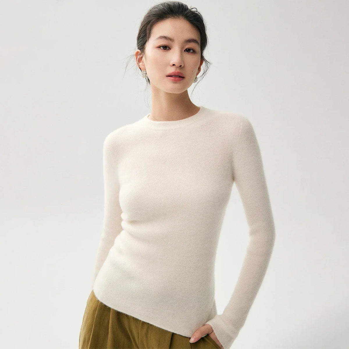Dames Geribbelde Trui met Ronde Hals en Slim Fit