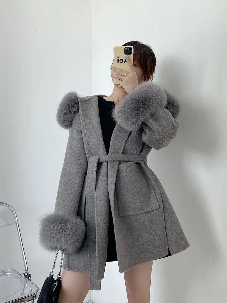 Dames Cape met Capuchon – Imitatiebont en Tailleband