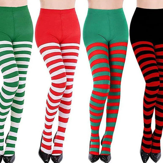 Kerststrepen Feline – Rood-Groene Kniehoge Kerstkousen van Polyester