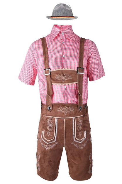 Heren Oktoberfest Lederhosen-set met shirt, bretels en hoed, geborduurde korte broek