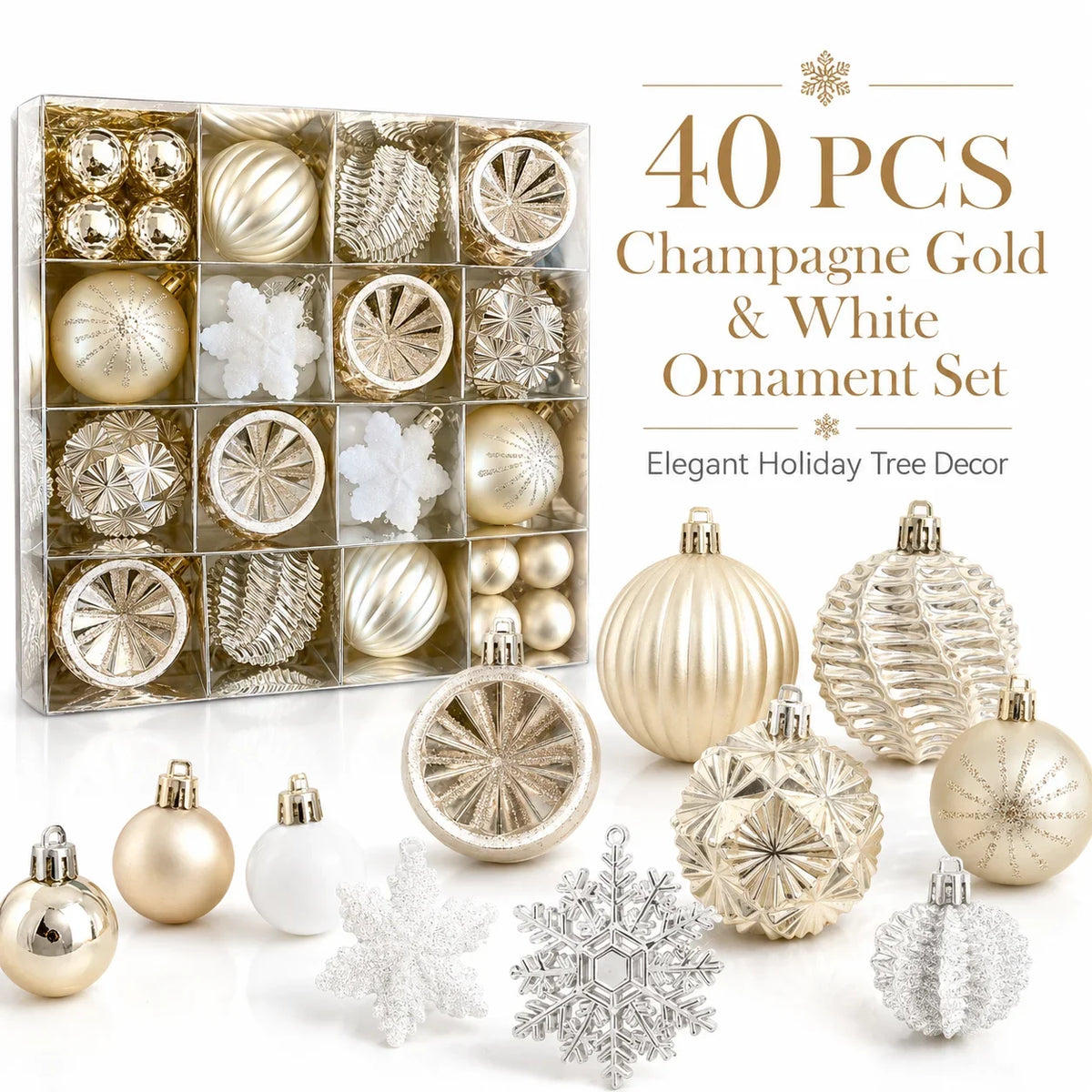 Goudwit Kerstglans – Set van 40 Champagnegouden en Witte Kerstballen