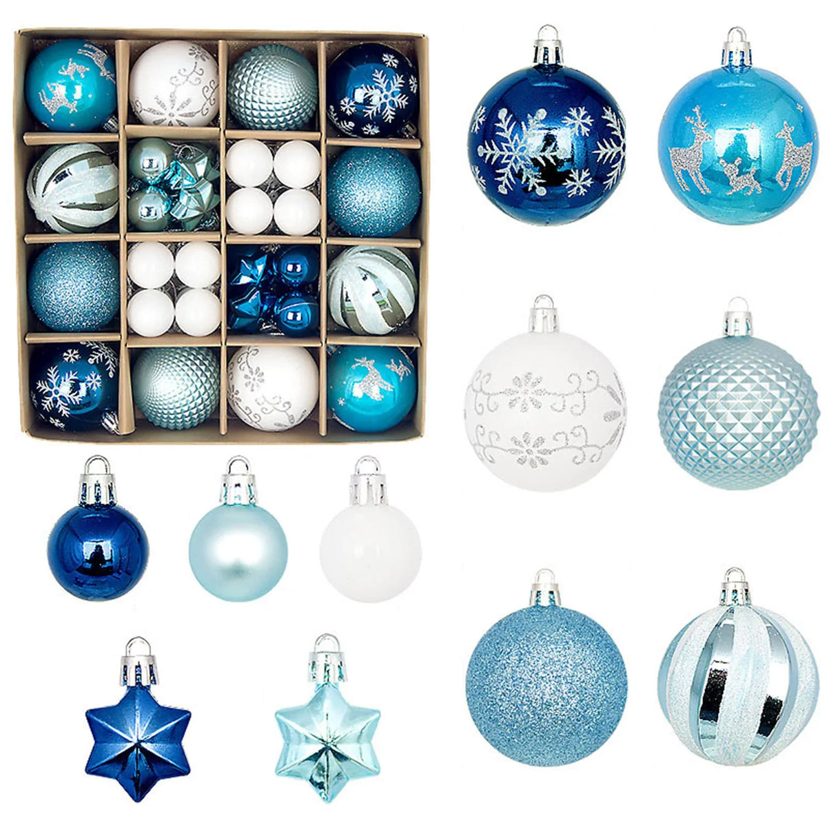 Winterblauw – 44-delige Kerstballenset Blauw Wit in Geschenkdoos
