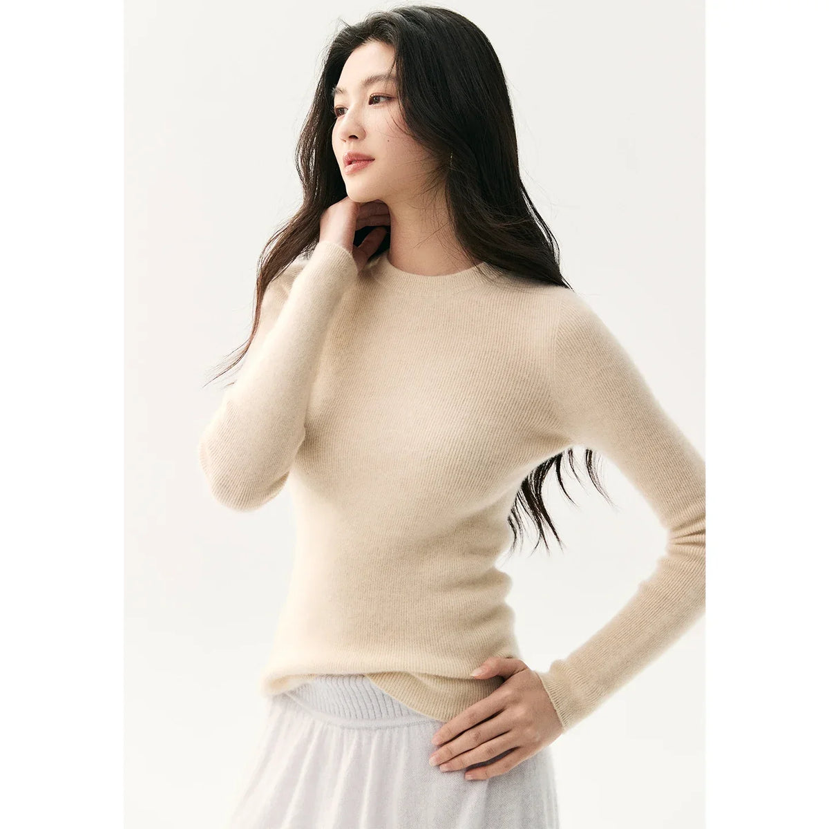 Dames Geribbelde Trui met Ronde Hals en Slim Fit