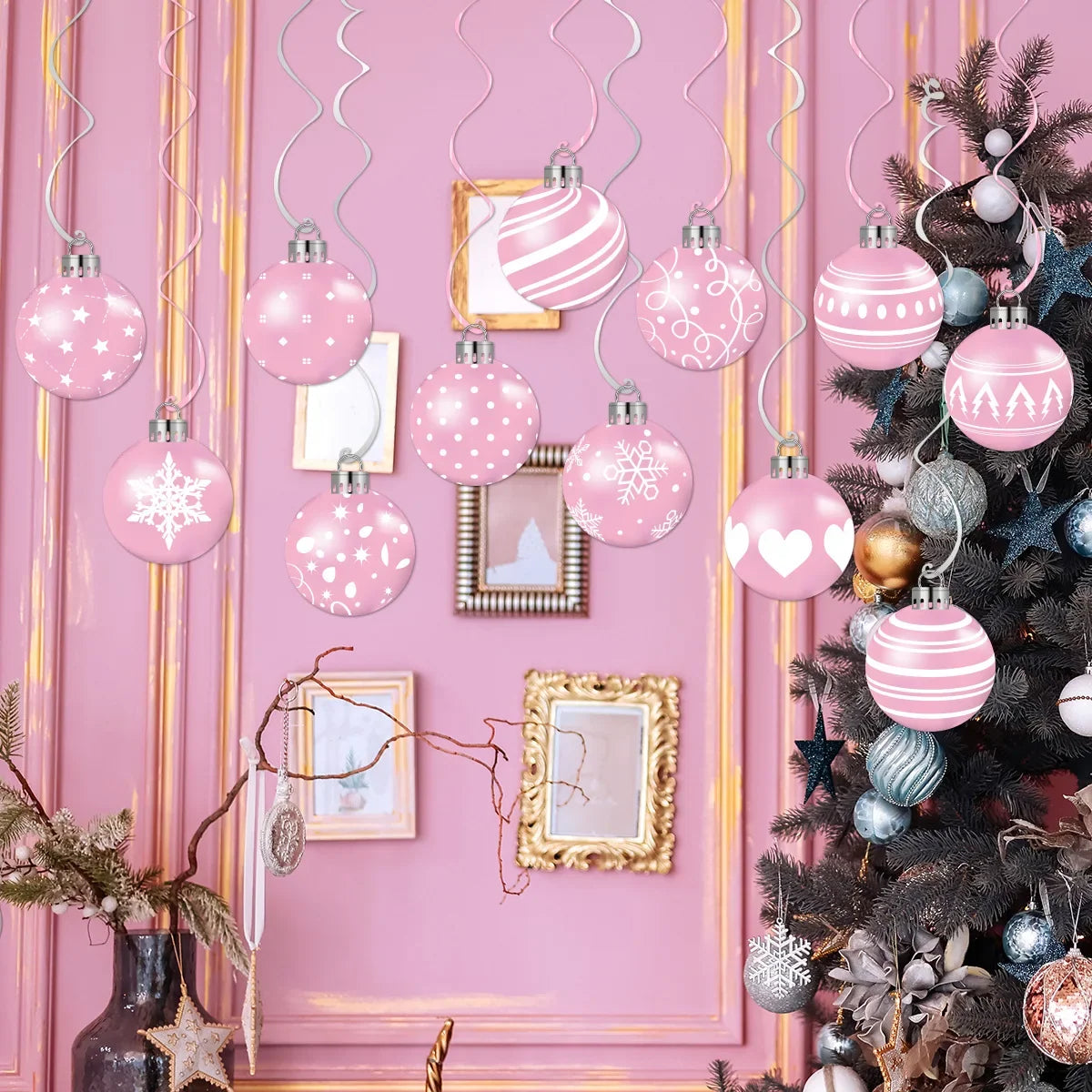 Rosavelle – Roze en Witte Hangende Kerstdecoratie met 12 Spiralen