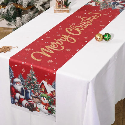 Kerst Tafelloper met Kerstman en Sneeuwpop – Feestelijke Tafelversiering