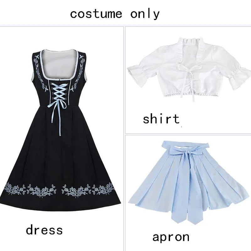 Zwarte Dames Dirndl Jurk 3-Delige Set met Blauw Schort