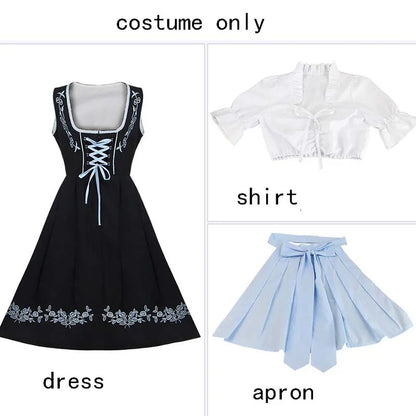 Zwarte Dames Dirndl Jurk 3-Delige Set met Blauw Schort