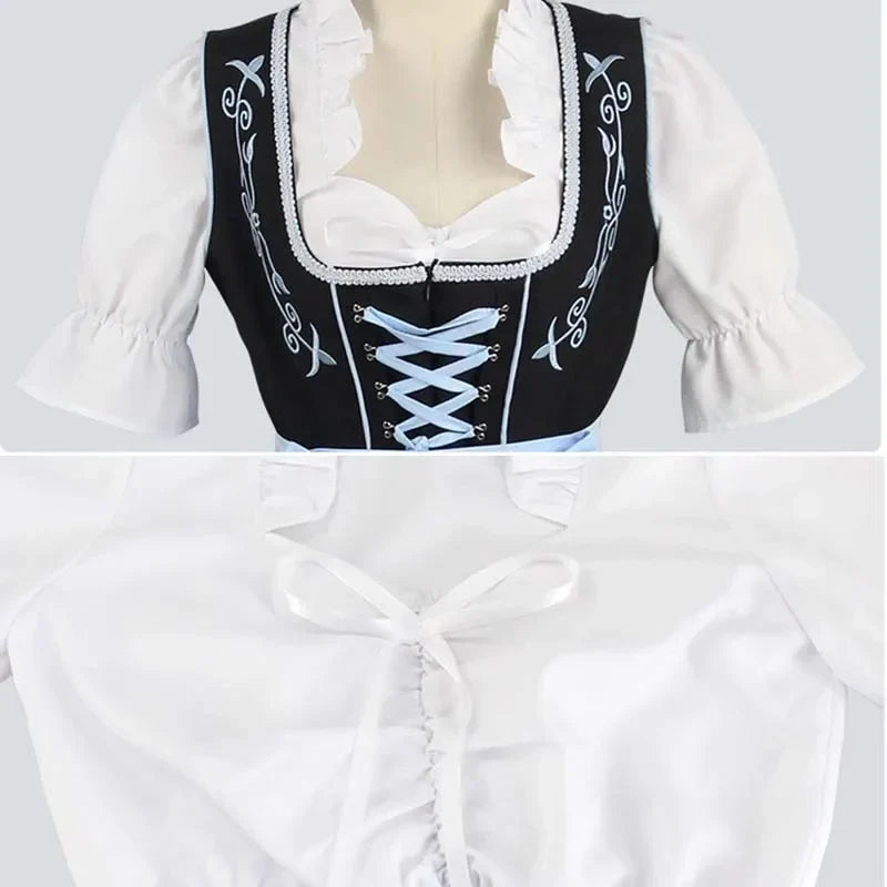 Zwarte Dames Dirndl Jurk 3-Delige Set met Blauw Schort