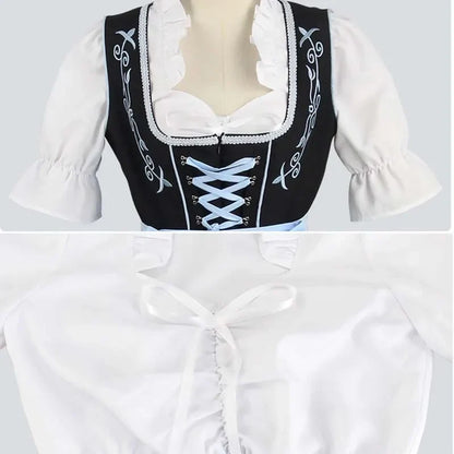 Zwarte Dames Dirndl Jurk 3-Delige Set met Blauw Schort