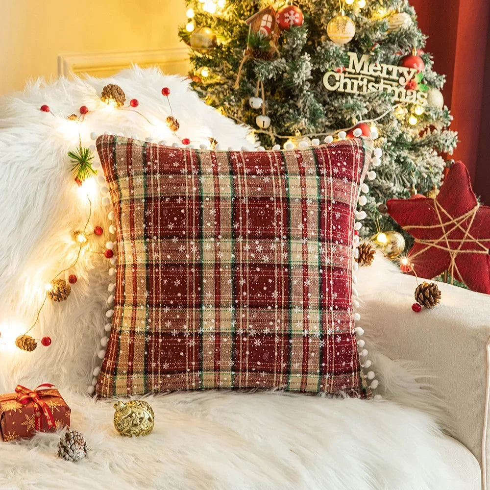 Kerst Kussenhoes 45x45 cm – Rood Groen met Sneeuwvlokmotief