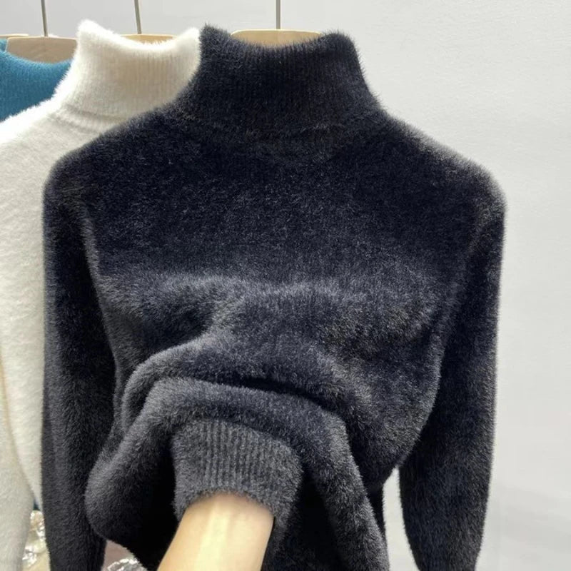 Zachte Hoge Hals Trui voor Dames in Fluffy Materiaal, Lange Mouwen