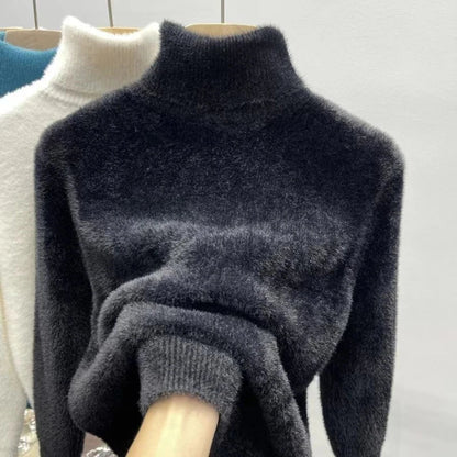Zachte Hoge Hals Trui voor Dames in Fluffy Materiaal, Lange Mouwen