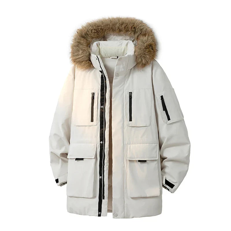 Winterjas met capuchon en nepbont, veel zakken, lange model
