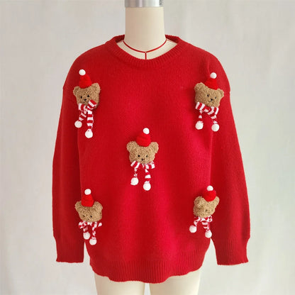 Rode gebreide trui met teddybeerdecoraties, ronde hals