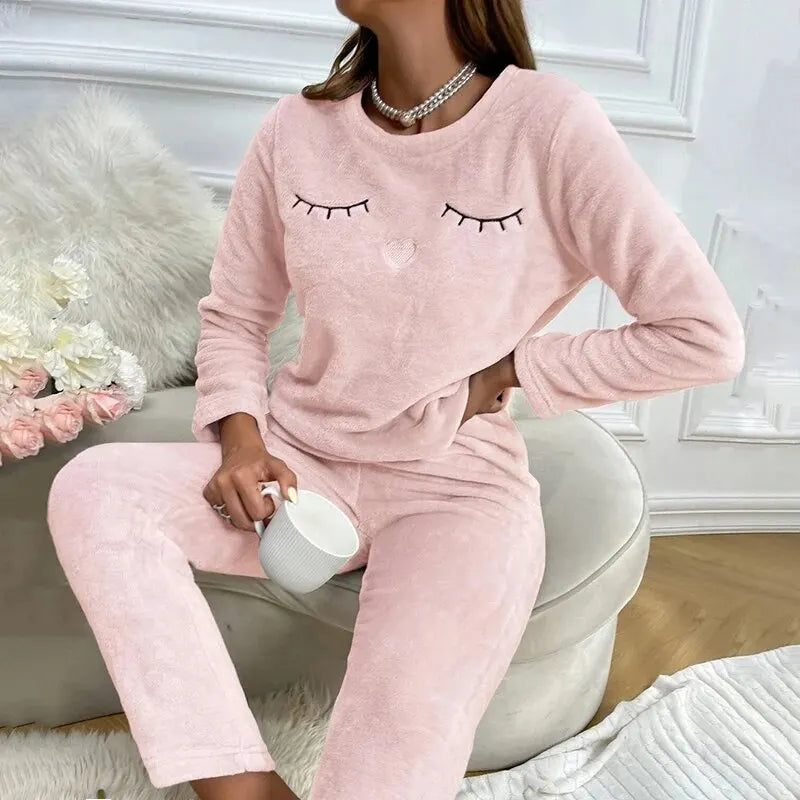 Dames Warme Pyjamaset 2-Delig – Zachte Nachtkleding met Lange Mouwen