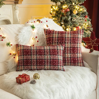 Kerst Kussenhoes 45x45 cm – Rood Groen met Sneeuwvlokmotief