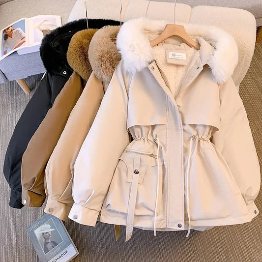 Damesjack met capuchon en nepbont, beige