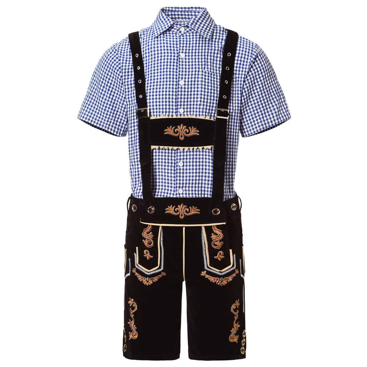 Heren Oktoberfest Lederhosen-set met shirt, bretels en hoed, geborduurde korte broek