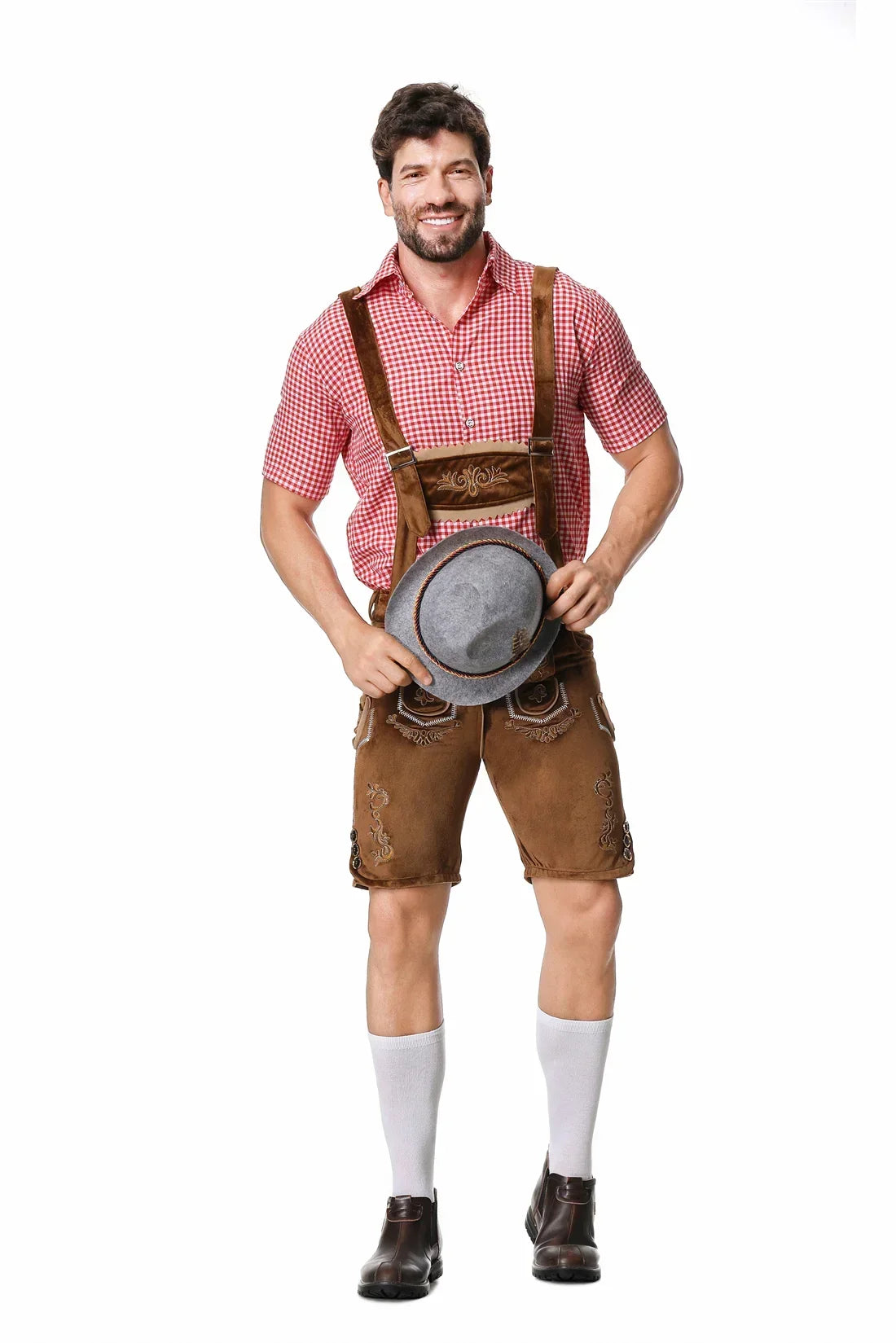 Heren Oktoberfest Lederhosen-set met shirt, bretels en hoed, geborduurde korte broek