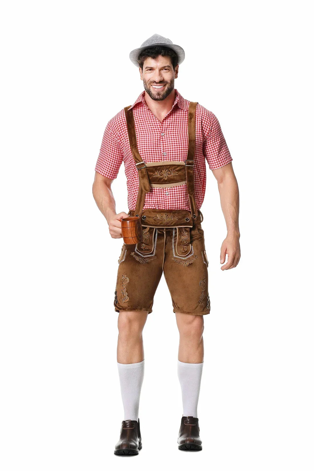 Heren Oktoberfest Lederhosen-set met shirt, bretels en hoed, geborduurde korte broek