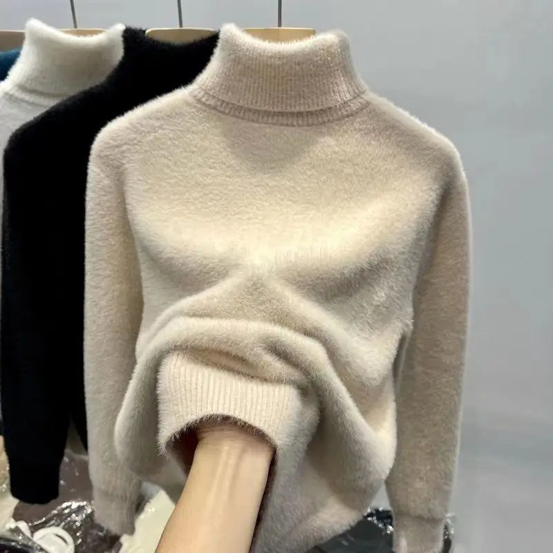 Zachte Hoge Hals Trui voor Dames in Fluffy Materiaal, Lange Mouwen