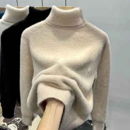 Zachte Hoge Hals Trui voor Dames in Fluffy Materiaal, Lange Mouwen