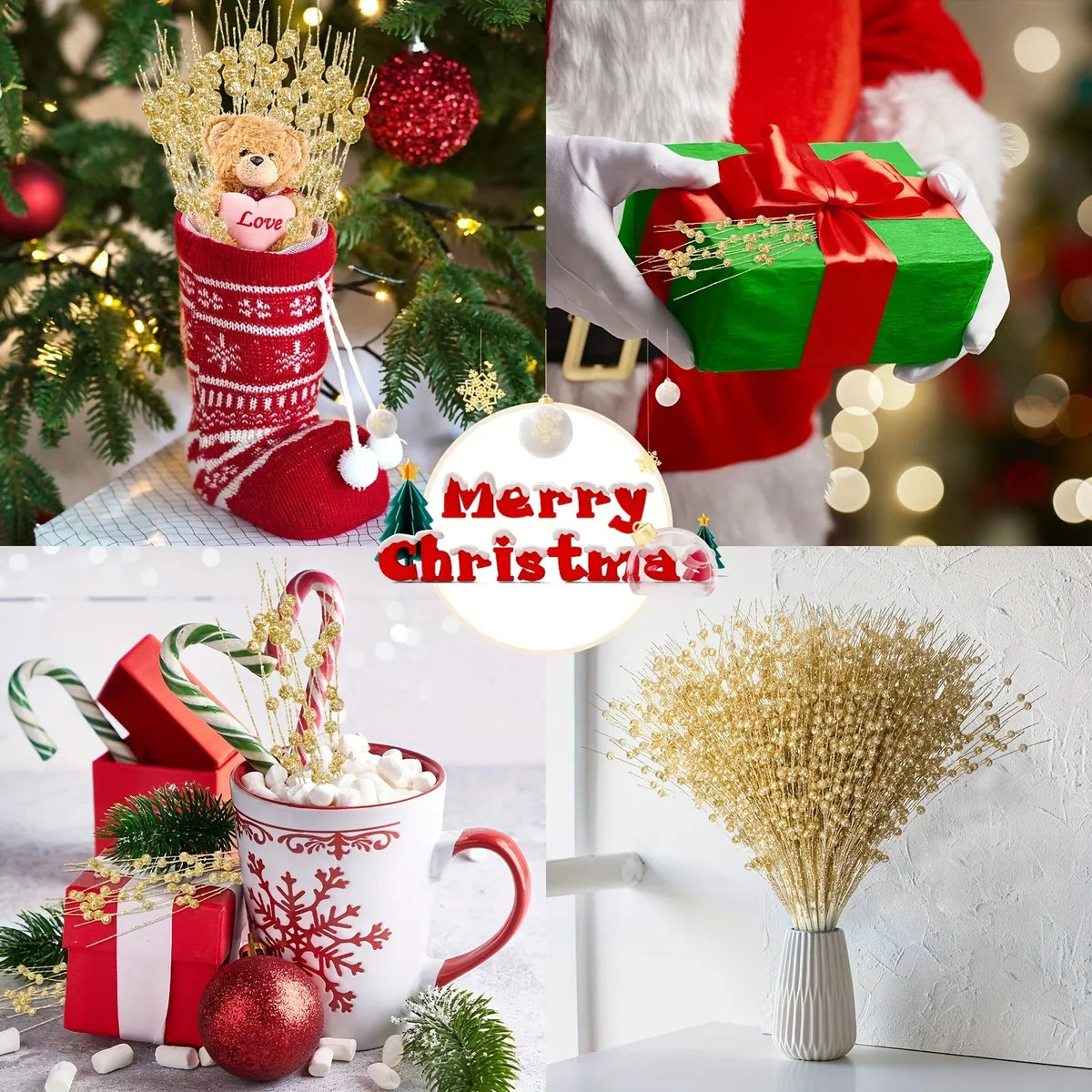 Goudbesia – Set van 6 Gouden Kerstbessen met Pailletten
