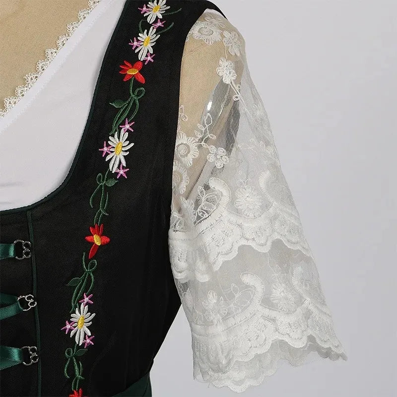 Groene Bloem Dames Dirndl Jurk met Borduursels en Vetersluiting