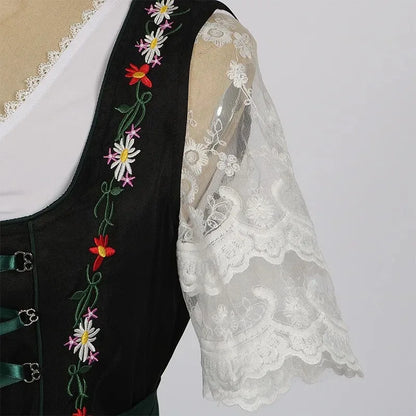 Groene Bloem Dames Dirndl Jurk met Borduursels en Vetersluiting
