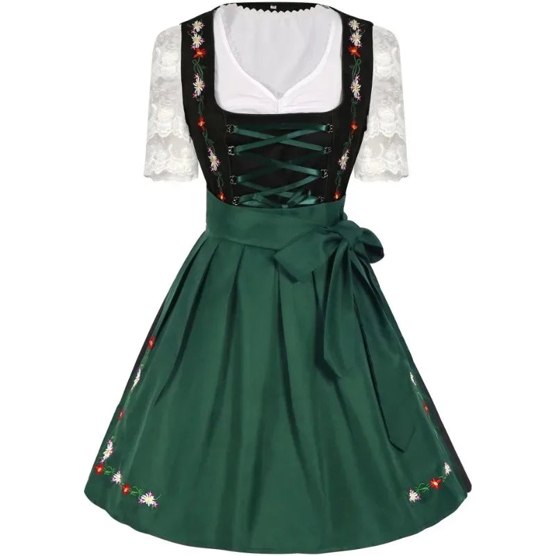 Groene Bloem Dames Dirndl Jurk met Borduursels en Vetersluiting