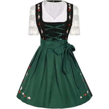 Groene Bloem Dames Dirndl Jurk met Borduursels en Vetersluiting
