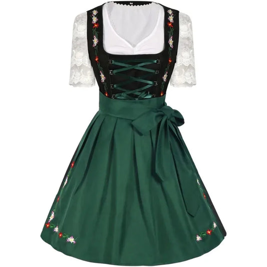 Groene Bloem Dames Dirndl Jurk met Borduursels en Vetersluiting