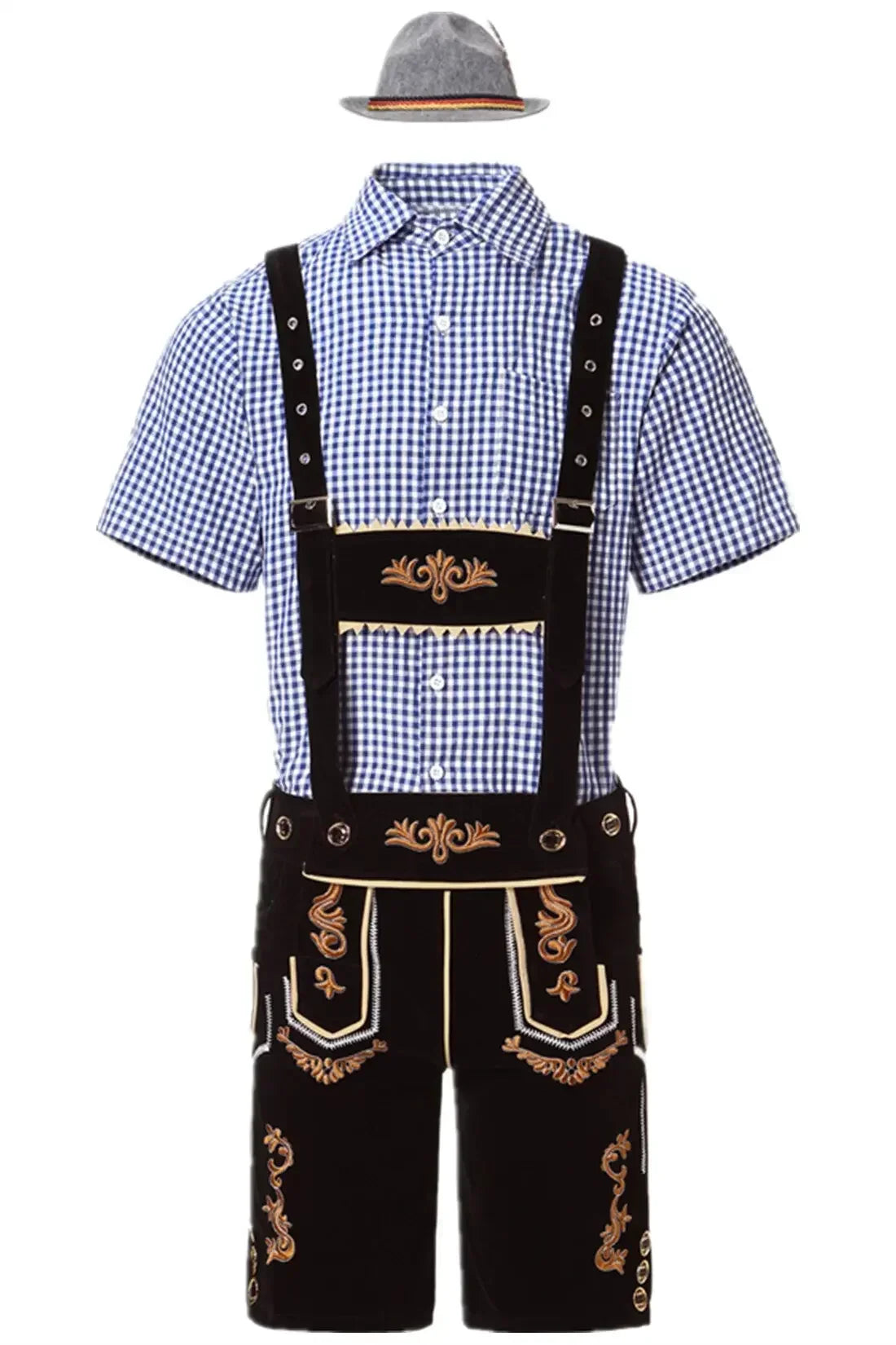 Heren Oktoberfest Lederhosen-set met shirt, bretels en hoed, geborduurde korte broek