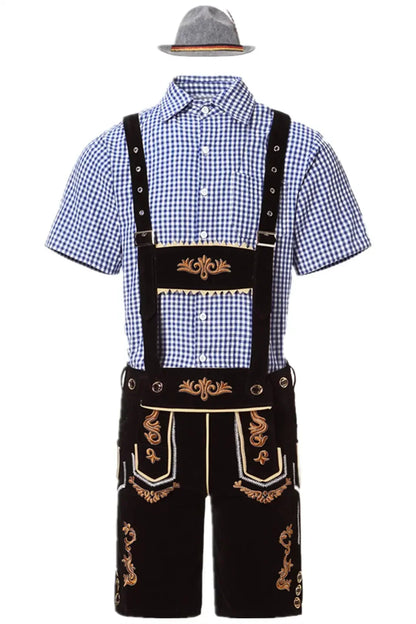 Heren Oktoberfest Lederhosen-set met shirt, bretels en hoed, geborduurde korte broek