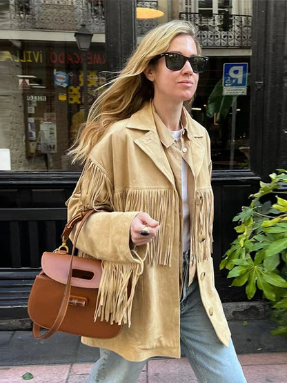 Fenna Suède Damesjas – Lange Boho Jas met Franje en Western Look