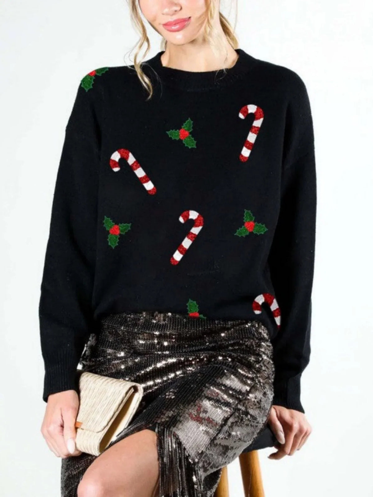 Groene Kersttrui Dames – Glanzende Kerstmotieven en Ronde Hals