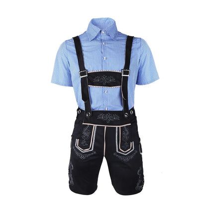 Heren Oktoberfest Lederhosen-set met shirt, bretels en hoed, geborduurde korte broek