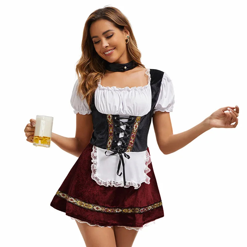 Dames Dirndl Jurk – Oktoberfest Kostuum met Schort en Ketting