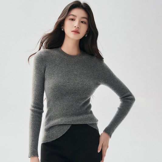 Dames Geribbelde Trui met Ronde Hals en Slim Fit