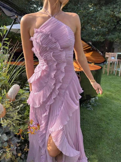 Paige | Dames Plissé Volant Halterneck Midi Jurk