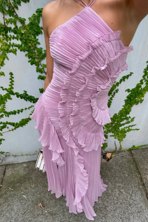 Paige | Dames Plissé Volant Halterneck Midi Jurk