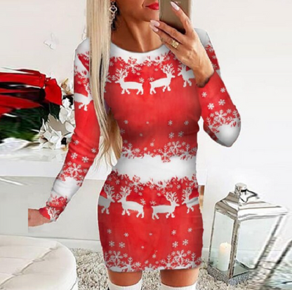 Veloura Kerstjurk Dames – Aansluitende Mini-jurk met Lange Mouwen