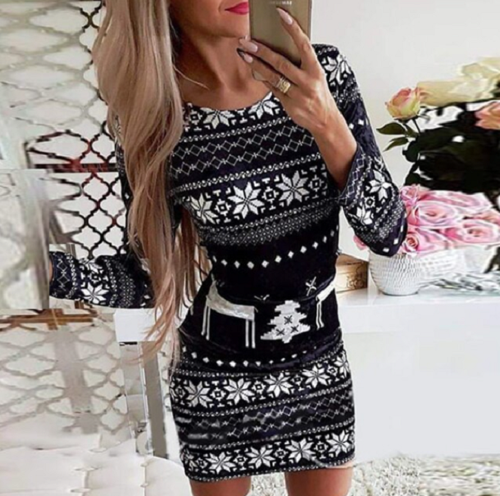 Veloura Kerstjurk Dames – Aansluitende Mini-jurk met Lange Mouwen