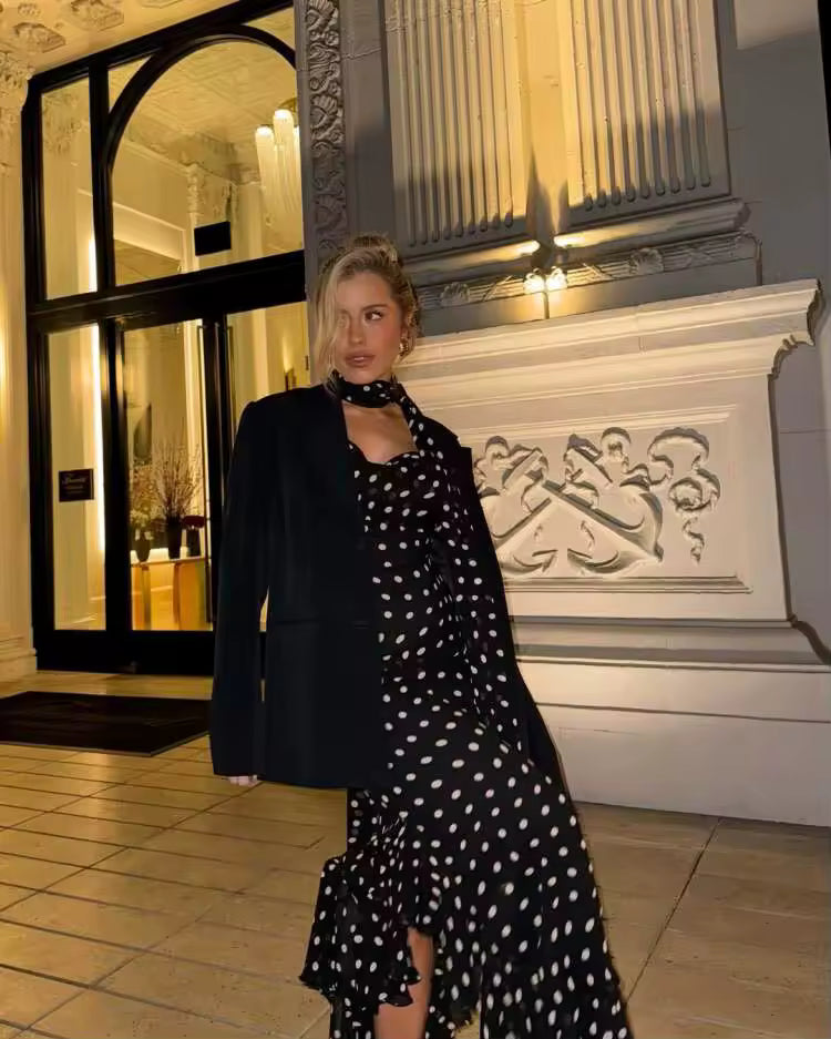 Lieke Maxi Jurk Dames – Zwarte Jurk met Witte Polkadots