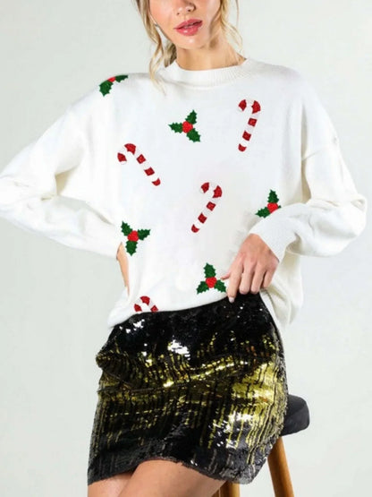 Groene Kersttrui Dames – Glanzende Kerstmotieven en Ronde Hals