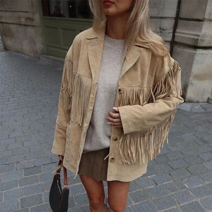 Fenna Suède Damesjas – Lange Boho Jas met Franje en Western Look