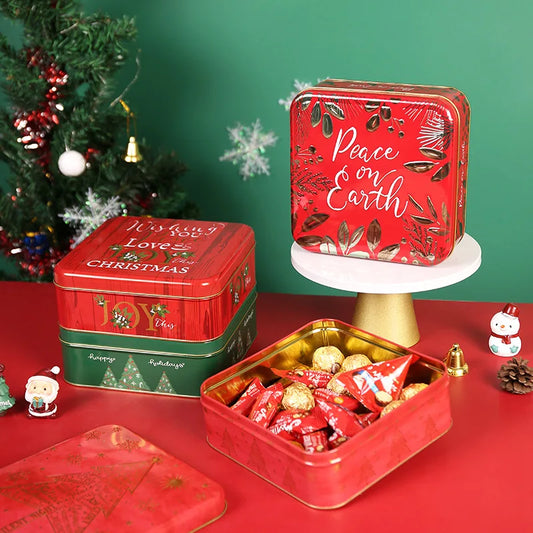 Vierkante Kerstbewaarblik voor Koekjes en Snoep met Rood-Groen Motief