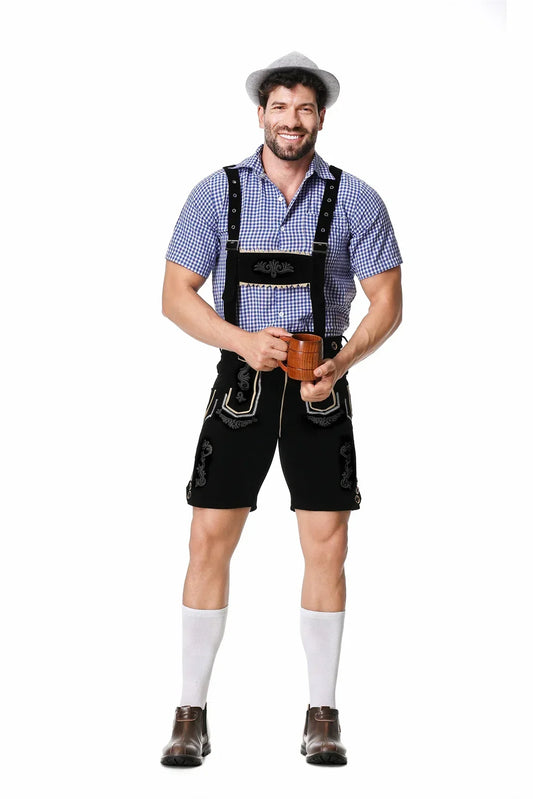 Heren Oktoberfest Lederhosen-set met shirt, bretels en hoed, geborduurde korte broek